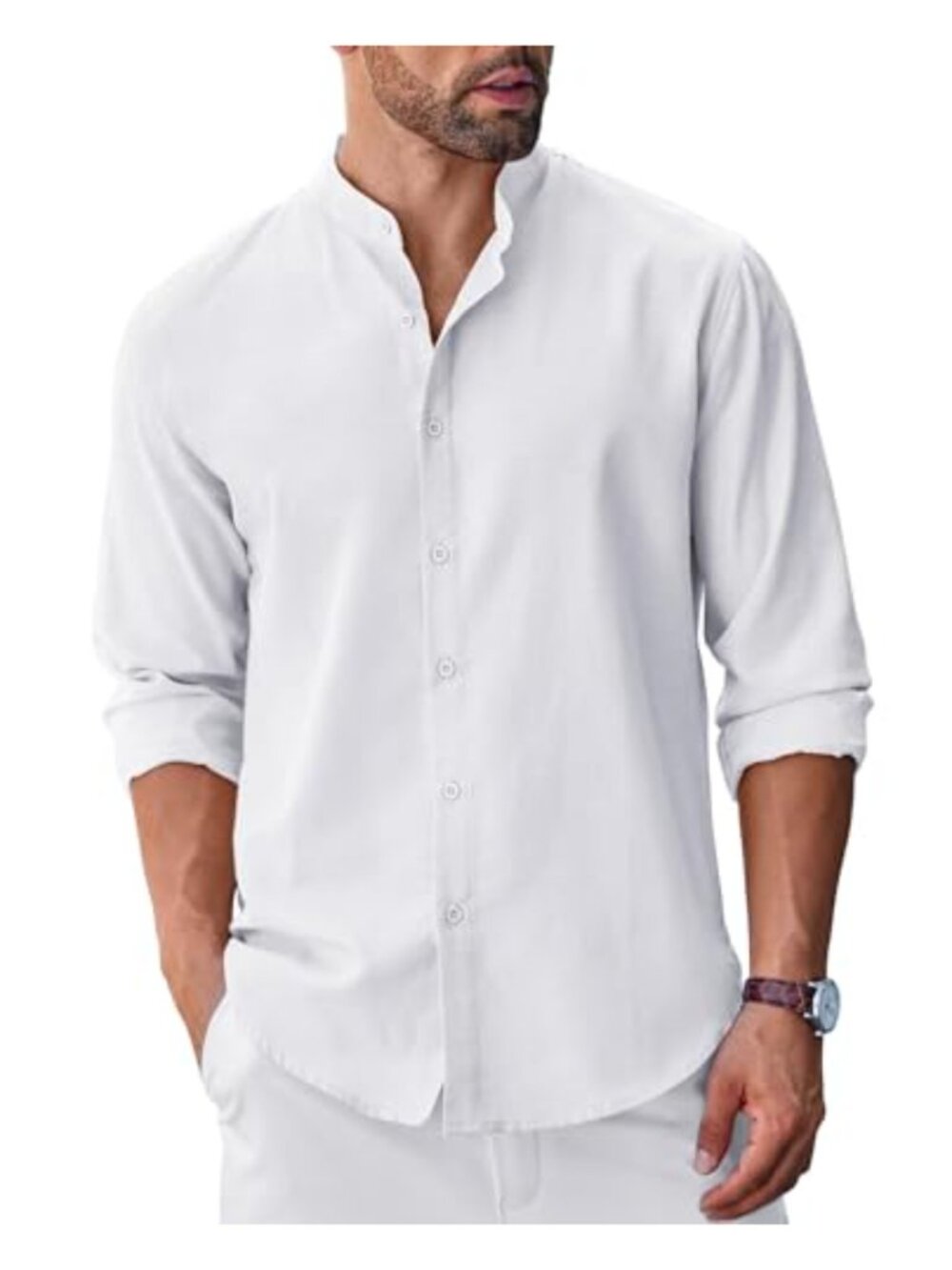 Men's Long Sleeve Oxford Button Down Dress Shirt Band Collar Casual